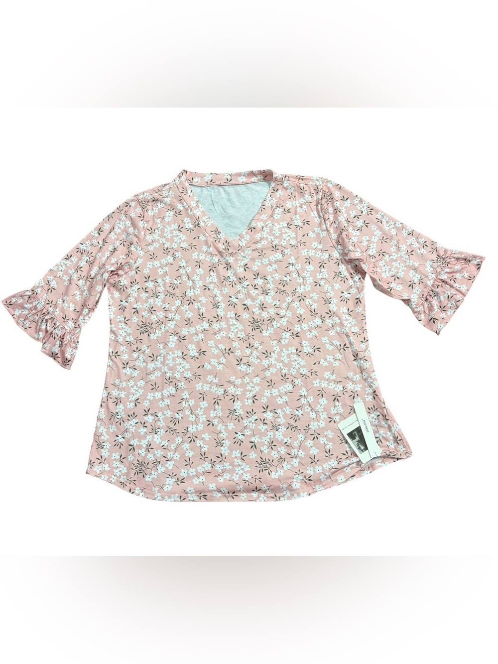 A56 LOMON V-Neck Long Sleeve Floral BOHO Tunic Ruffle sleeve Blouse Pink NWT